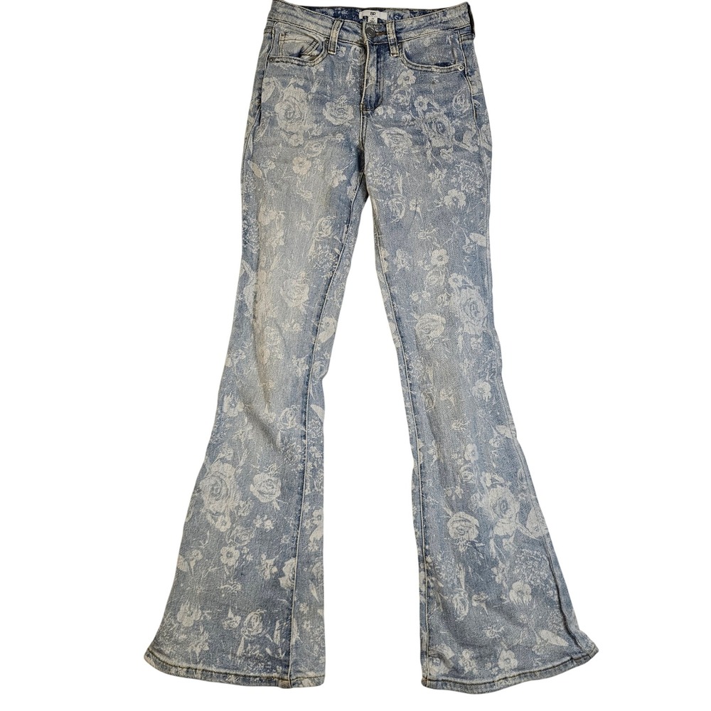 BP Nordstrom Floral Rose Print Flare Jeans Light Wash Denim Blue Womens Size 25